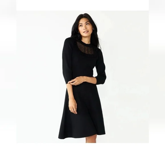 Draper James Black Long Sleeve Dress with Sheer Neckline - Picture 1 of 9